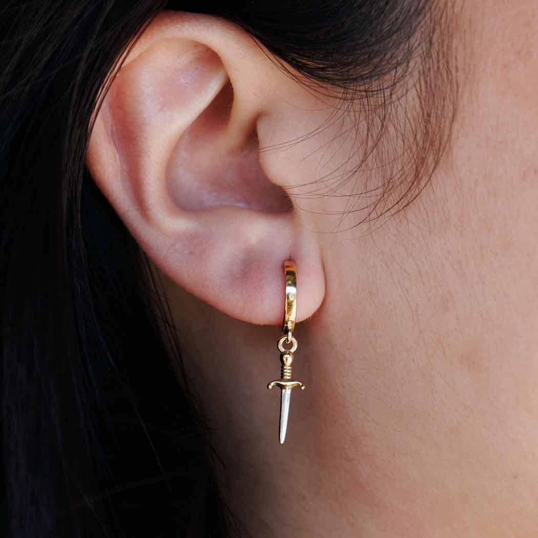 Bronze Huggie Hoops with Mixed Metal Swords - Image 3