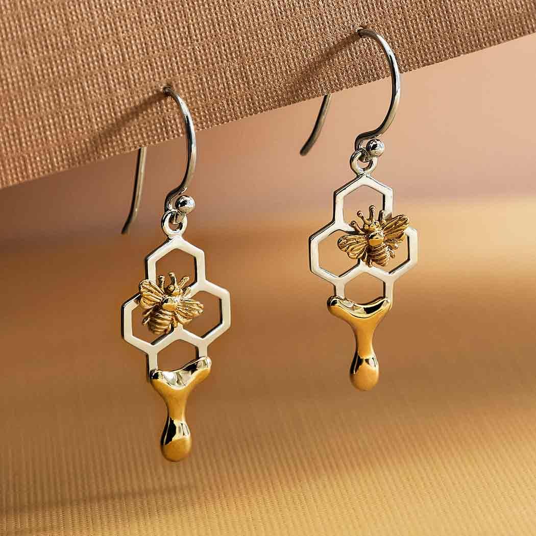 Honeycomb Dangle Earrings with Honey and Bee - Image 3
